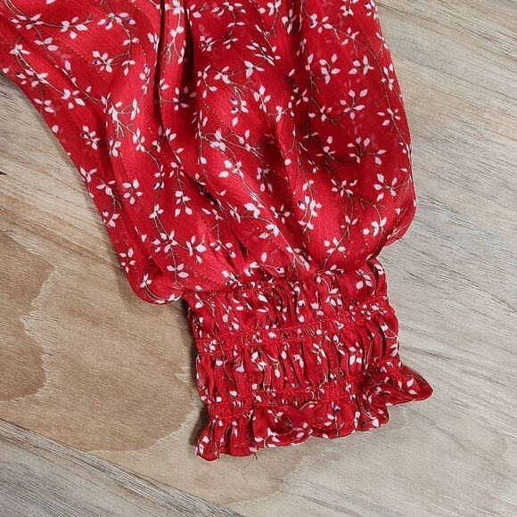 🔹️Lush Red Floral & Metallic Gold Print Blouse Small - Picture 8 of 14